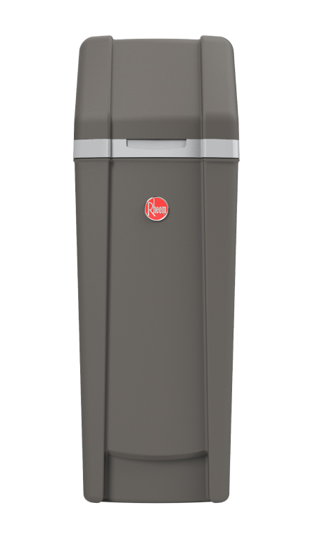 Front view of Rheem Preferred Water Softener showing the dark grey color and red rheem logo