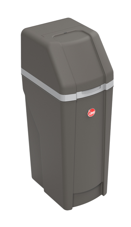 Angled side view of Rheem Preferred Water Softener showing the dark grey color and red Rheem logo