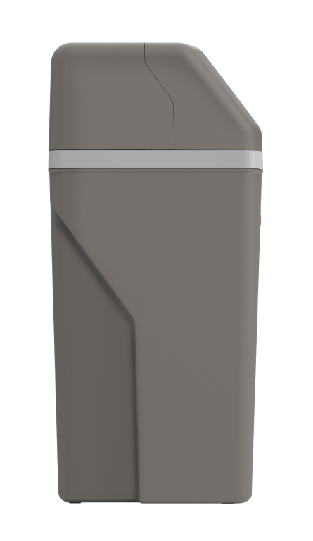 Side view of Rheem Preferred Water Softener showing the dark grey color.