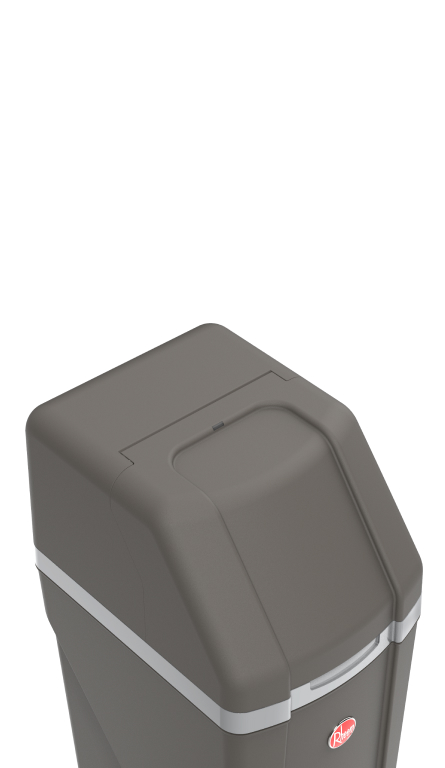 Angled top-down view of Rheem Preferred Water Softener showing the sloped curve of the top and dark grey color.