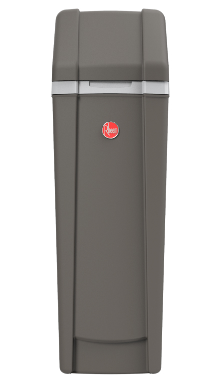 Front View of Rheem Water Softener showing the dark grey color and red Rheem logo