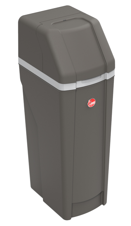 Angled side view of Rheem Water Softener showing the dark grey color and red Rheem logo