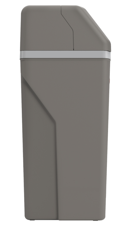 Side View of Rheem Water Softener showing the dark grey color